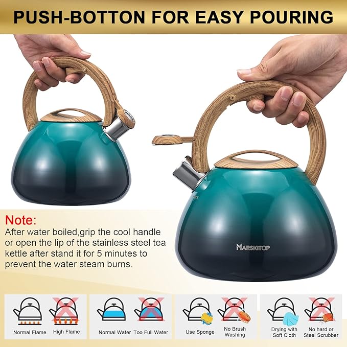 MARSKITOP Whistling Tea Kettle for Stove Top 2.6 Quart, Food Grade Stainless Steel Teapot for Stovetop with Cool Touch Ergonomic Handle, Tea Pot for Stove Induction Cooktop, Green