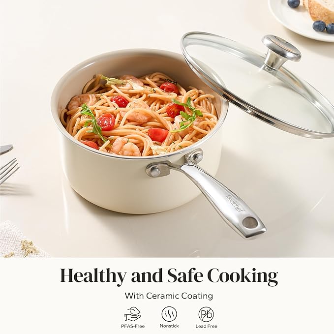 Redchef Ceramic Sauce Pan with Lid, 2.5QT Small Saucepan, Nonstick Cooking Pot with Stay-Cool Handle, Kitchen Non Toxic Soup Pot, PTFE & PFOA Free, Oven Dishwasher Safe, Compatible All Stovetops-Beige