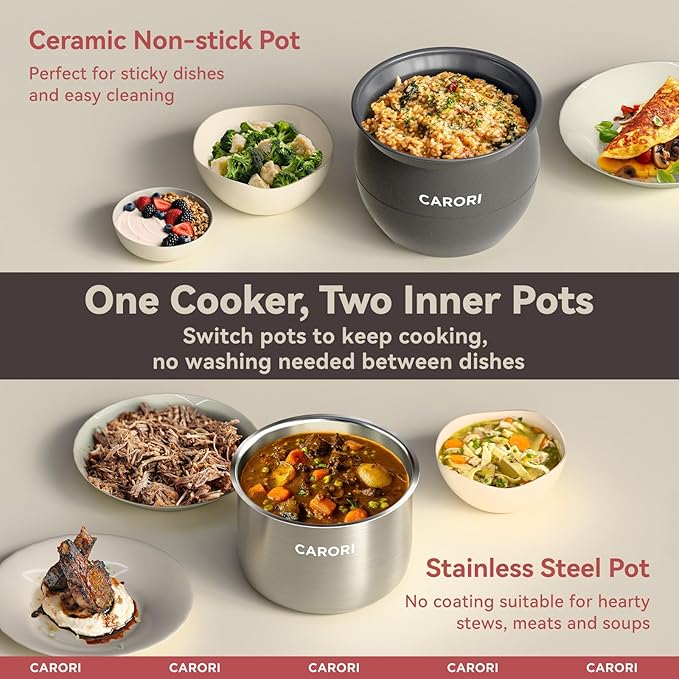 CARORI 9-in-1 Electric Pressure Cooker 6 Qt, Dual Inner Pots, Stainless Steel Pot and Non-Stick Pot, 12 Preset Cooking Programs with IMD Touchscreen, Safe Vent, Slow Cook, Rice Cook, Steam, Black