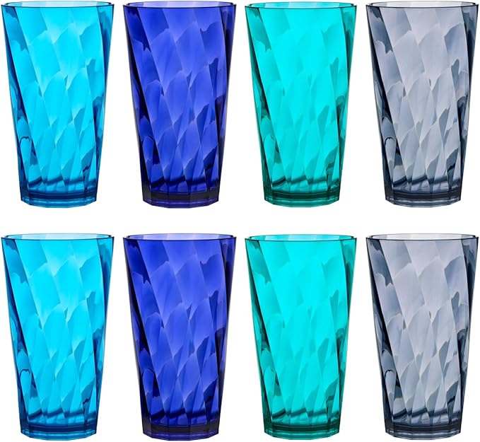 US Acrylic Optix Plastic Reusable Drinking Glasses (Set of 8) 20oz Water Cups in Coastal Colors | BPA-Free Tumblers, Made in USA | Top-Rack Dishwasher Safe