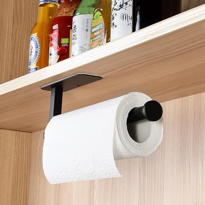 ASTOFLI Paper Towel Holder Under Cabinet No Drilling, Self Adhesive Paper Towel Holder Wall Mount for Kitchen Rack, Under Counter Napin Holder No Drill, RV, 304 Stainless Steel, Matte Black 2 Pack