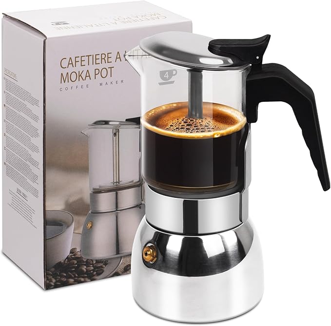 4 Cup Glass Clear Moka Pot Thickened 304 Stainless Steel Stovetop Espresso Maker Italian Coffee Machine 200ml 6.8oz Classic Mocha Cafe Greca Coffee Suitable for Gas Induction