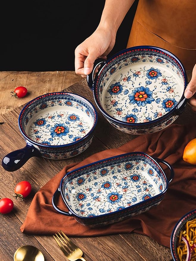 Blue and Orange Flower Vintage Style Ceramic Bakeware Casserole Dish Baking Pan Lasagna Pans with Handles for Oven/Cooking/Kitchen-1 PCS-22 OZ