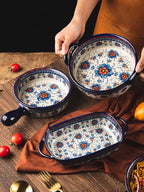 Blue and Orange Flower Vintage Style Ceramic Bakeware Casserole Dish Baking Pan Lasagna Pans Baking Dish with Handles for Oven/Cooking/Kitchen-1 PCS-20 OZ