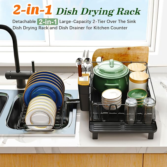 Runnatal Large Dish Drying Rack with Drainboard Set, Stainless Steel Detachable 2-in-1 Large-Capacity 2-Tier Over The Sink Anti-Rust Dish Rack and Dish Drainer for Kitchen Counter