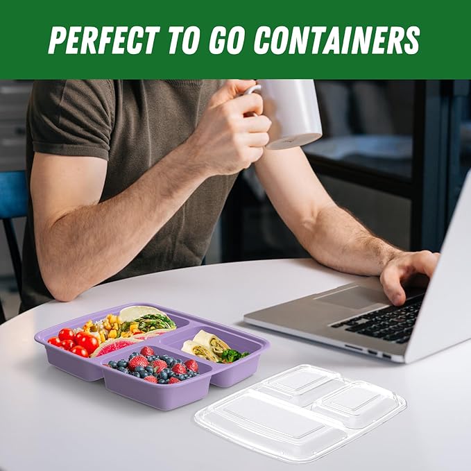 50 Pack (100-Piece) 32 oz Meal Prep Containers Reusable with Lids 3-Compartment, To Go Take Out Plastic Food Storage Containers, Sturdy Leakproof Food Safe, Microwave Freezer Dishwasher Safe, Lilac