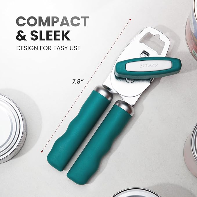 Zulay Kitchen Heavy Duty Stainless Steel Can Opener Manual with Bottle Opener - Rust Proof Manual Can Opener With Turn Knob & Comfy Soft Grip Handles - Emerald