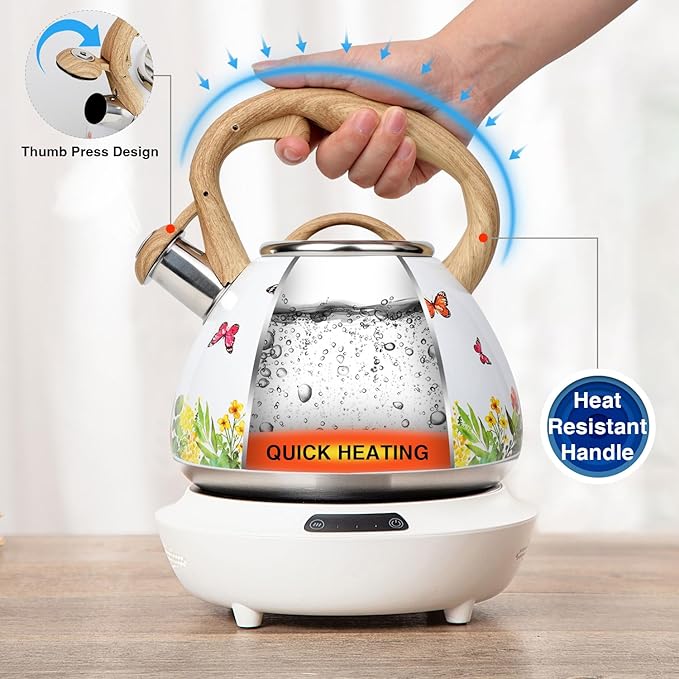 Tea Kettle, Toptier Teapot Whistling Kettle with Wood Pattern Handle Loud Whistle, Food Grade Stainless Steel Tea Pot for Stovetops Induction Water Kettle, 2.7-Quart Butterfly