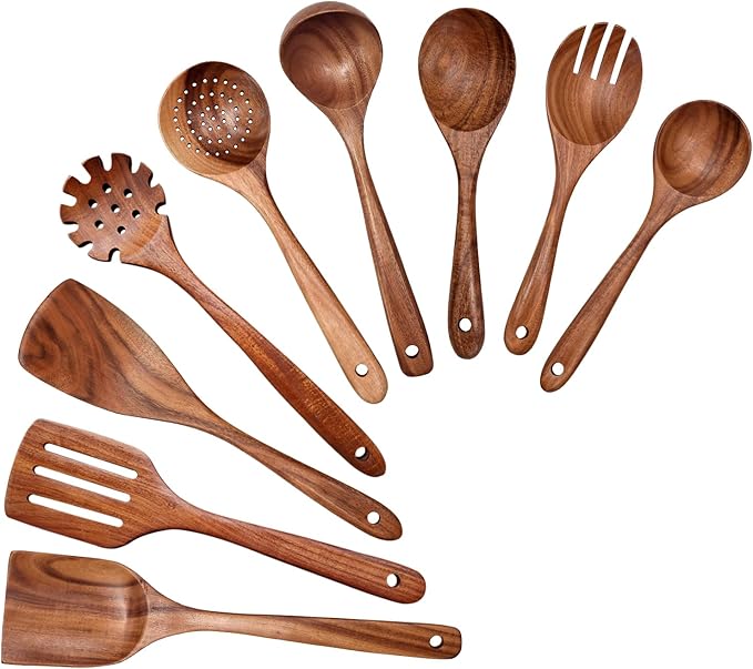Wooden Spoons for Cooking 9 Pieces Set, TeakWooden Kitchen Utensil Set, Wooden Cooking Utensils Spoons, Spatulas, Heat-Resistant, Lightweight & Durable, Perfect for Non-Stick Cookware