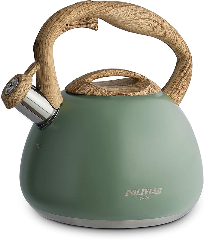 Poliviar Tea Kettle, 2.7 Quart Seaweed Green Finish with Wood Pattern Handle Loud Whistle Food Grade Stainless Steel Teapot, Anti-Hot Handle and Anti-Rust, Suitable for All Heat Sources (JX2020-SB30)