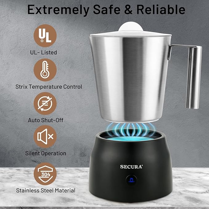 Secura 17oz Detachable Milk Frother and Steamer, Stainless Steel Electric Hot/Cold Foam Maker for Lattes, Cappuccinos & Hot Chocolate, Upgraded 2-in-1 Whisks, Non-Stick & Teflon-Free Design