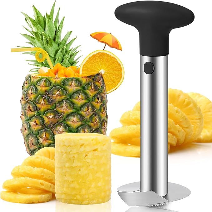 AUBENR Premium Pineapple Corer and Slicer Tool - Sharp Pineapple Cutter with Serrated Tips - Easy to Use and Clean - Stainless Steel Core Remover for Pineapple - Core Fruits with Ease(Black)