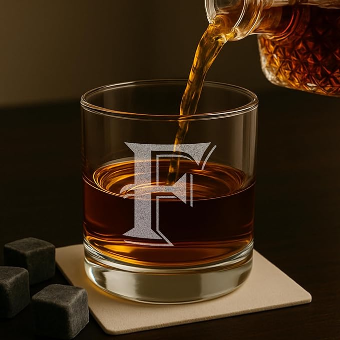 On The Rox Drinks 4 Piece Glass Set Engraved with F Monogram, 11 Ounce