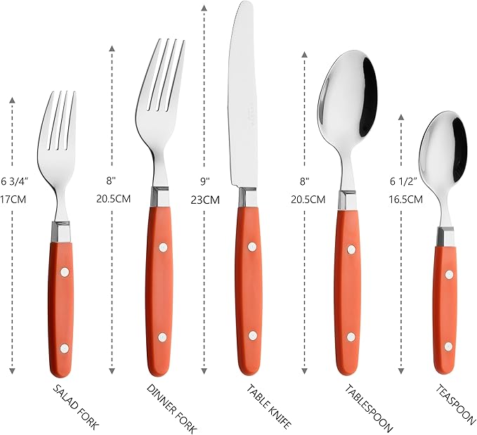 ANNOVA Silverware Set, Retro/Rivet Colorful Stainless Steel Tableware Kitchen Flatware Set Utensils, Includes Dinner Knives, Forks, Spoons, Salad Forks & Dessert Spoons (Orange, 20 Pieces)