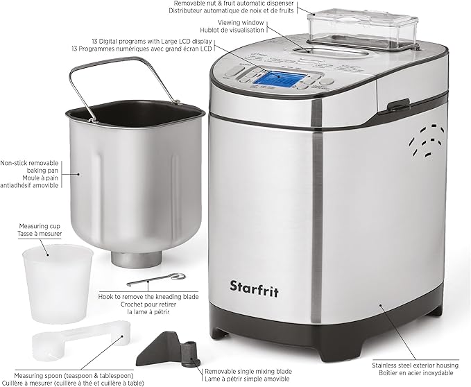 Starfrit Electric Bread Maker - 2lb Loafs - Non-Stick Removable Pan - Automatic Nut Dispenser - 13 Preset Programs - 550W