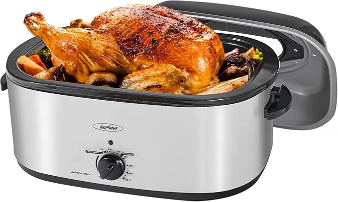 Sunvivi Roaster Oven, Electric Roaster Oven with Viewing Lid, 30lb 26-Quart Turkey Roaster with Unique Defrost/Warm Function, Large Roaster with Removable Pan & Rack, Stainless Steel, Silver