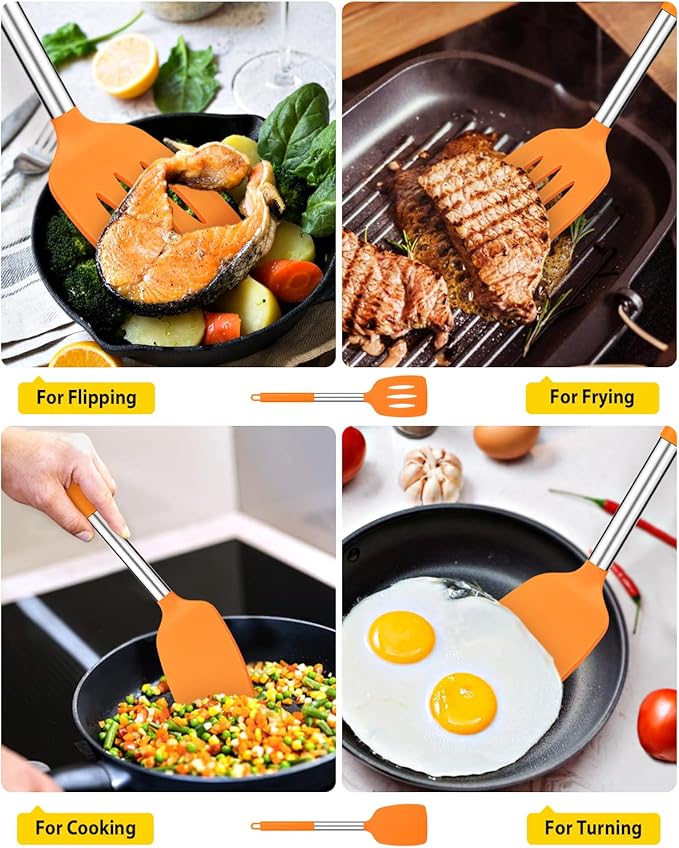 Pack of 2 Silicone Solid Turner, Non Stick Slotted Kitchen Spatulas, High Heat Resistant BPA Free Cooking Utensils, Ideal Cookware for Fish, Eggs, Pancakes (ORANGE)