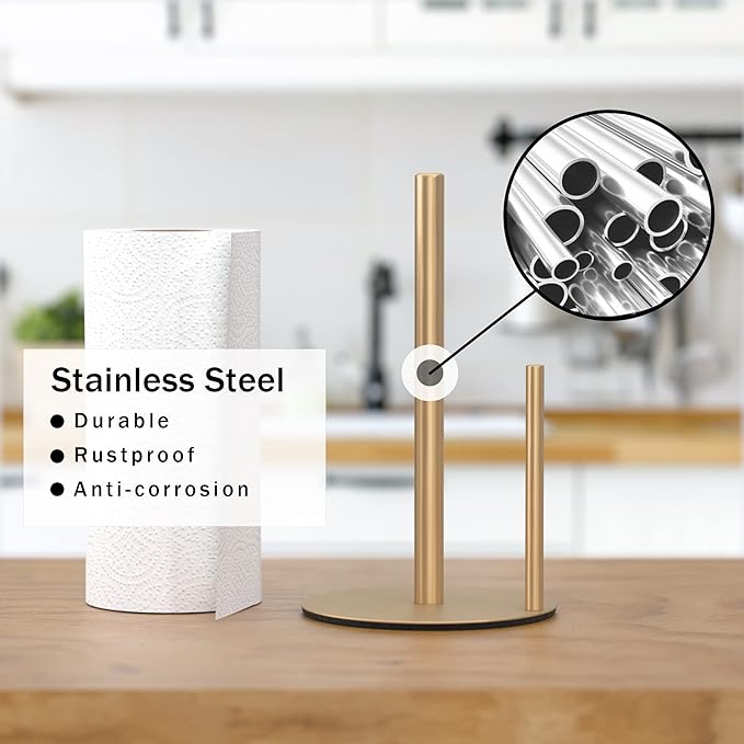 Paper Towel Holder Gold, Premium Stainless Steel Kitchen Roll Dispenser, Countertop Roll Organizer