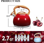 GGC Tea Kettle for Stove Top, 3.1QT/3L Whistling Tea Kettles for Boiling Water Coffee or Milk, Gradient Red Pot with Wood Parttern Handle, Stainless Steel Kettle Pot for Home and Kitchen