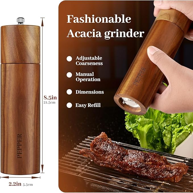 Acacia Wood Salt and Pepper Grinder Set with Base - Adjustable Ceramic Rotor Manual Pepper Mill and Salt Shaker - Refillable Wooden Spice Grinders for Kitchen Cooking, Farmhouse Decor & Gifts