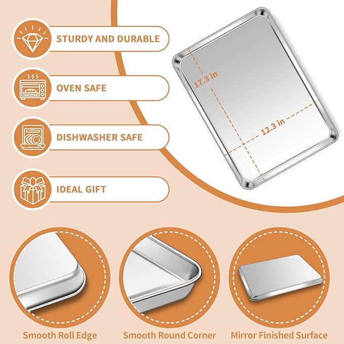 Stainless Steel Baking Sheet Set of 2, Deedro Cookie Sheet Metal Baking Pan Oven Tray, Non Toxic & Heavy Duty, Rust Free & Mirror Finish, Easy Clean & Dishwasher Safe, 17.3 x 12.3 x 1 Inch