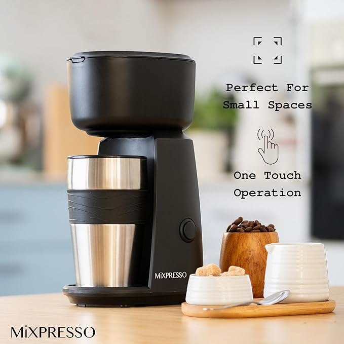 Mixpresso Personal Single Serve Coffee Maker & 14oz Travel Mug, Drip Small Coffee Maker & Tumbler, Auto Shut Off & Reusable Filter, Compatible with Coffee Grounds