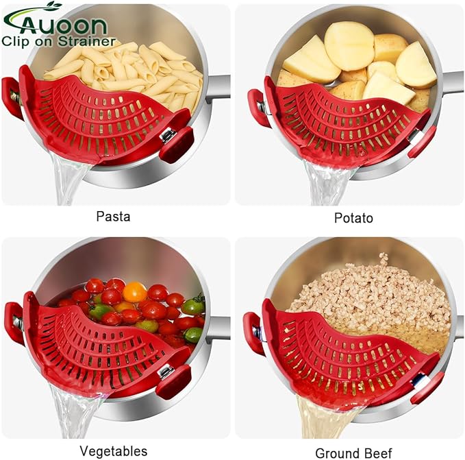 Large AUOON Clip on Strainer for All Pots and Pans - Oversized Silicone Pot Strainer Family-Style Design Pasta Strainer Kitchen Colander for Spaghetti and Noodles | Dishwasher Safe