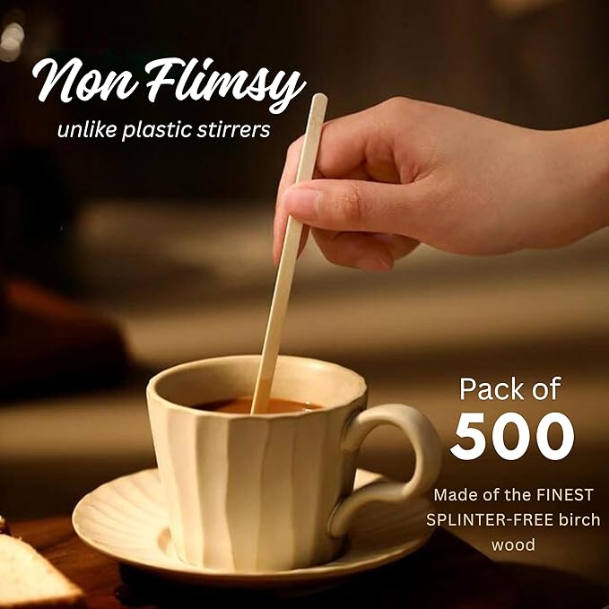 Wooden Coffee Stirrers, 500 Disposable Coffee Stir Sticks, 7-inch Wooden Stir Sticks for Coffee & Cocktails, Swizzle Sticks for Coffee, Round-End Coffee Sticks, Coffee Bar Accessories