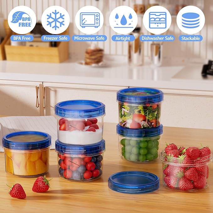 6 Pack-16 OZ Freezer Storage Containers, Small Plastic Containers with Twist Top Lids, Round Food Storage Containers, Reusable Soup Container Microwave/Dishwasher Safe