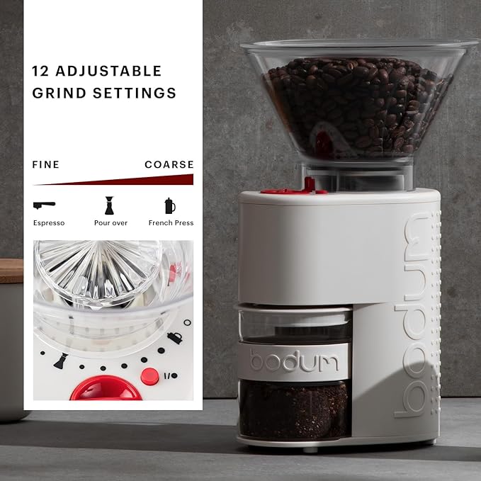 Bodum Bistro Electric Conical Burr Coffee Grinder, Preset Timer, 12 Grind Settings, White