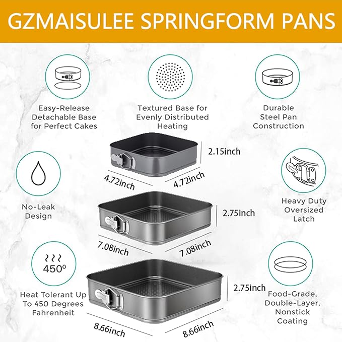Springform Cake Pan Set of 3 (4, 7, 9 Inch) Square Leakproof Nonstick Cheesecake Pans with Removable Bottom Carbon Steel Bakeware