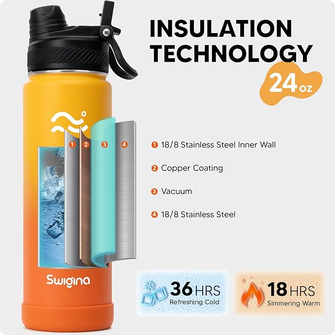 Swigina [2-IN-1 LID] Insulated Water Bottle with Silicone Boot (36hrs Cold/18hrs Hot) - DIY Stickers, Leakproof, BPA Free, 24 oz