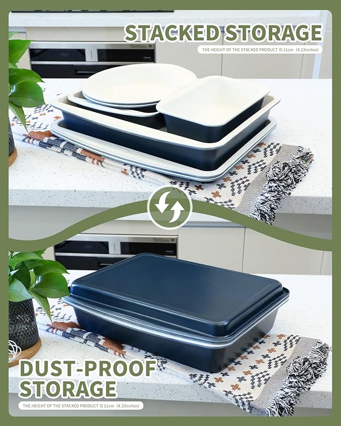 Ceramic Nonstick Baking Pans Set, Non Toxic 30 PCS Stackable Bakeware Sets, 550°F Oven Safe Baking Sheet & Pans, Warp-Free, Dishwasher Safe, PTFE/PFOA/PFOS-Free (Blue)