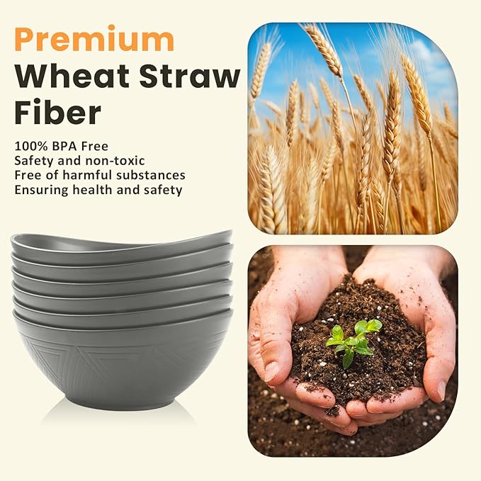 Homienly Wheat Straw Bowls, Large Salad Bowls Set of 6-60 OZ Serving Bowl for Kitchen, Camping, Party - Unbreakablke Microwave and Dishwasher Safe Big Cereal Bowl, Large Soup Bowl - Grey