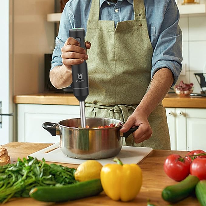 Cordless Hand Blender, UTALENT Variable Speed Immersion Blender Rechargeable, with 500ml Chopper, 600ml container, Egg Whisk, for Smoothies, Baby Food and Soups – Black