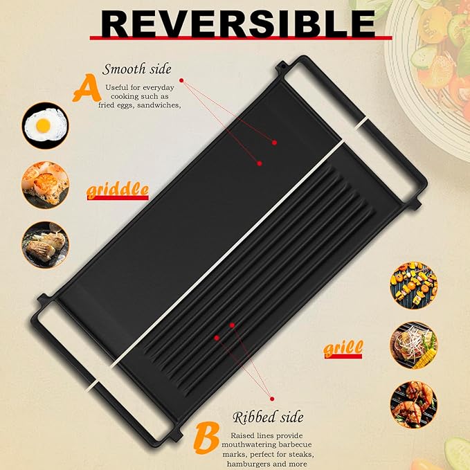 Upgraded WB31X24998 Reversible Griddle Replacement for GE Stove Parts Cast Iron Griddle Plate WB31X24738 JXGRILL1 GE Gas Range Cooktop Parts Genuine Stove Top Burner Griddle Center Flat Top Pan