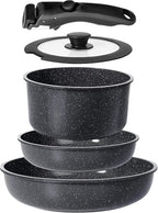 GiPP Ceramic Pots and Pans Set Non Stick, Nonstick Detachable Handle Cookware Sets, Non Toxic Induction Kitchen Pot and Pan with Removable Handle, Healthy RV Cookware, Dishwasher ＆Oven Safe, 5 Piece