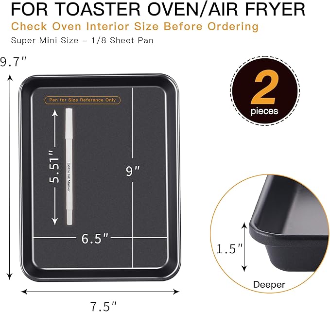 HONGBAKE 2 Pack 9.7X7.5" Toaster Oven Pans for Baking, 57% Thicker Nonstick 1/8 Cookie Sheet Pan Set, Small Baking Tray, Dishwasher Safe and Heavy Duty, Black