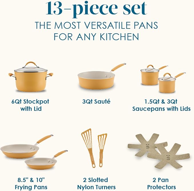 Rachael Ray Cucina Ceramic Cookware Set - 13 Pieces - Ceramic Pots and Pans Set w/Nonstick Frying Pans, Saute Pan, Saucepans, Stockpot, Lids, Pan Protectors & Cooking Utensils - Turmeric