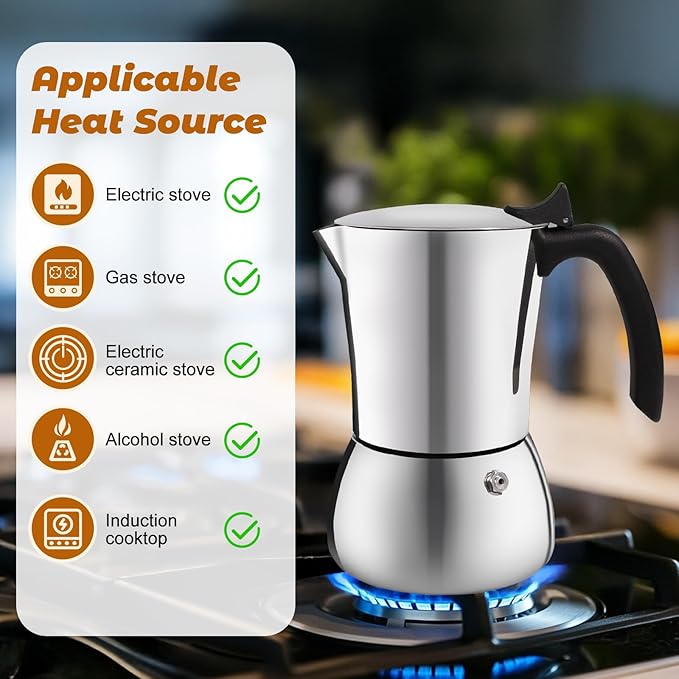 No Coating 4 Cup Thickened 304 Stainless Steel Moka Pot Stovetop Espresso Maker Italian Coffee Machine 200ml 6.8oz Suitable for Gas Induction Stovetop Greca Coffee Maker Percolator