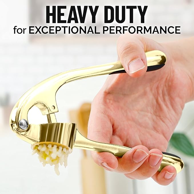 Zulay Kitchen Premium Garlic Press with Soft, Easy to Squeeze Handle - Includes Silicone Garlic Peeler & Cleaning Brush - 3 Piece Garlic Mincer Tool - Sturdy Easy to Clean Garlic Crusher (Gold)