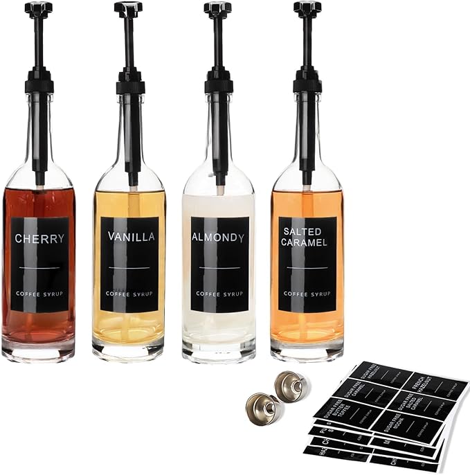 25.4 oz 750 ml Glass Coffee Syrup Dispenser for Coffee Bar With Pump & Lables Glass Syrup Bottle Included -4 Pack