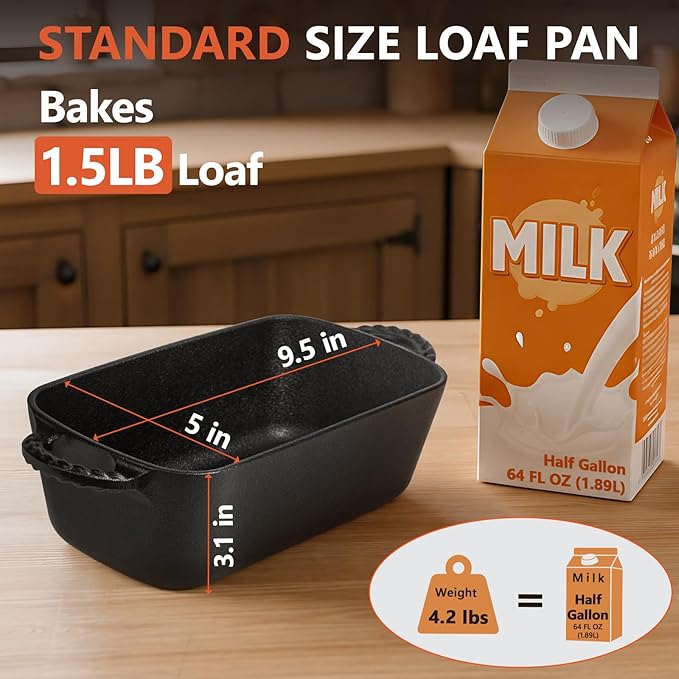 9.5×5 Inch Cast Iron Loaf Pan - Pre-Seasoned Sourdough Bread Baking Pan, Even Heat Distribution for Homemade Bread