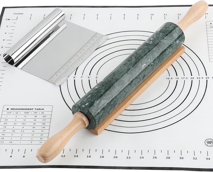 Koville Indian Natural Marble Rolling Pin, Non-Stick Polished Dough Roller, Pasta, Dumpling, Fondant, Pie Crust, Bread, Pizza Dough, Kitchen Baking Pastry Tools with Mat/Scraper(Indian Green)