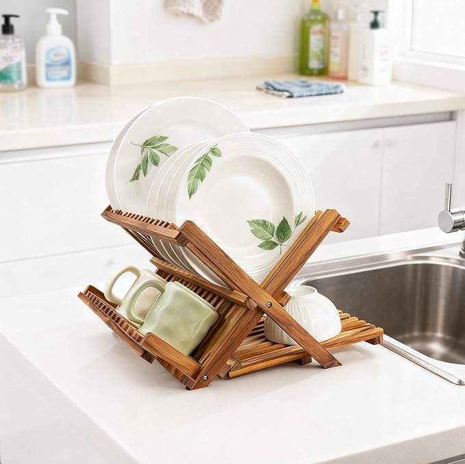Utoplike 3 Tier Collapsible Teak Wood Dish Drying Rack, Foldable Large Capacity Dish Draine, Space-Saving Countertop Kitchen Organizer for Plates, Cups