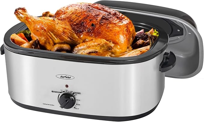Sunvivi 28lb 24-Quart Roaster Oven, Electric Roaster Oven with Viewing Lid, Turkey Roaster with Unique Defrost/Warm Function, Large Roaster with Removable Pan & Rack, Stainless Steel, Silver