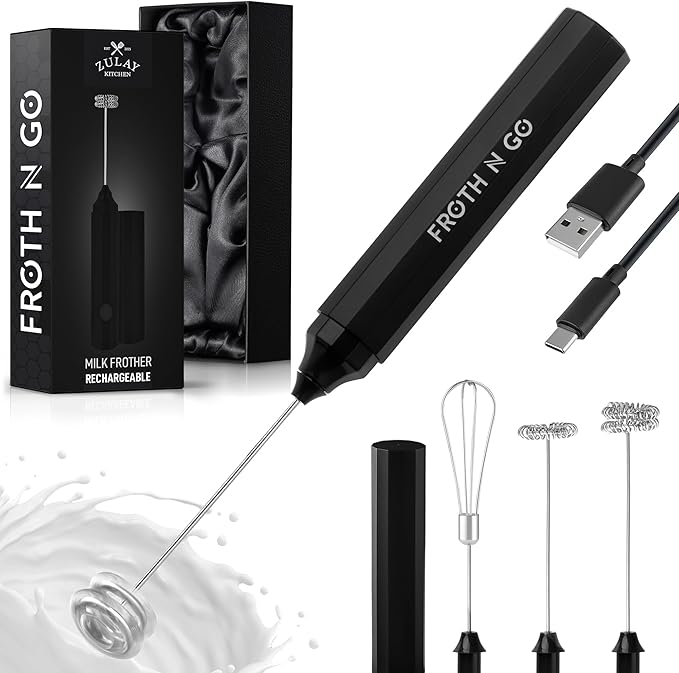 Zulay Froth N Go Milk Frother – Rechargeable 3-in-1 Handheld Frother Wand with Travel Case & USB-C Charger – Single, Double & Egg Whisk for Latte, Cappuccino, Matcha, Protein Shakes – Black