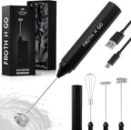 Zulay Froth N Go Milk Frother – Rechargeable 3-in-1 Handheld Frother Wand with Travel Case & USB-C Charger – Single, Double & Egg Whisk for Latte, Cappuccino, Matcha, Protein Shakes – Black