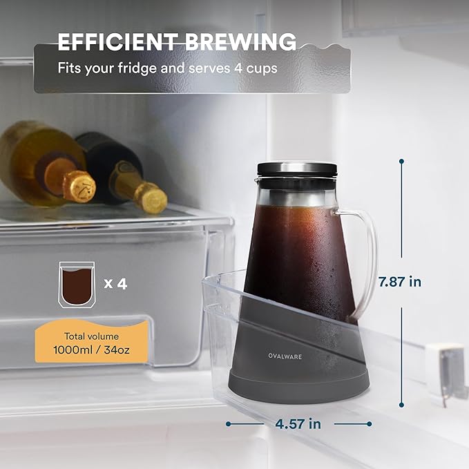 OVALWARE Airtight Cold Brew Iced Coffee Maker Pitcher and Tea Infuser with Spout - 1.0L / 34oz Ovalware RJ3 Brewing Glass Carafe with Removable Stainless Steel Filter
