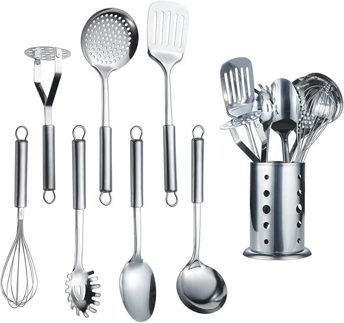 Berglander Cooking Utensil Set 8 Piece, Stainless Steel Kitchen Tool Set with Stand,Cooking Utensils, Slotted Tuner, Ladle, Skimmer, Serving Spoon, Pasta Server,Potato Maseher, Egg Whisk. （8 Pieces）